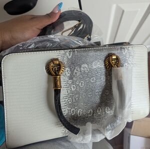 Women's White Textured Top-Handle Bag with Gold Hardware